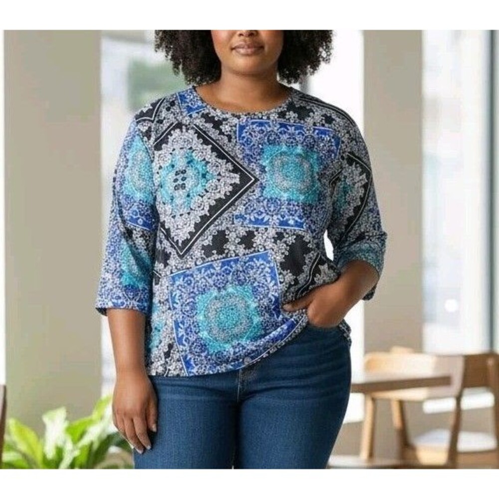 CHICO'S Blue and Black Tunic Top Blouse Sz 2X A-Line Polyester
